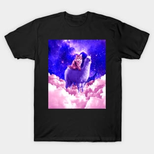 Outer Space Galaxy Kitty Cat Riding On Llama T-Shirt